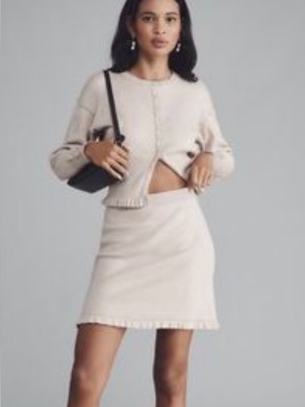 Anthropologie Pilcro Knit Cardigan & Mini Skirt Matching Set - Beige Size Large